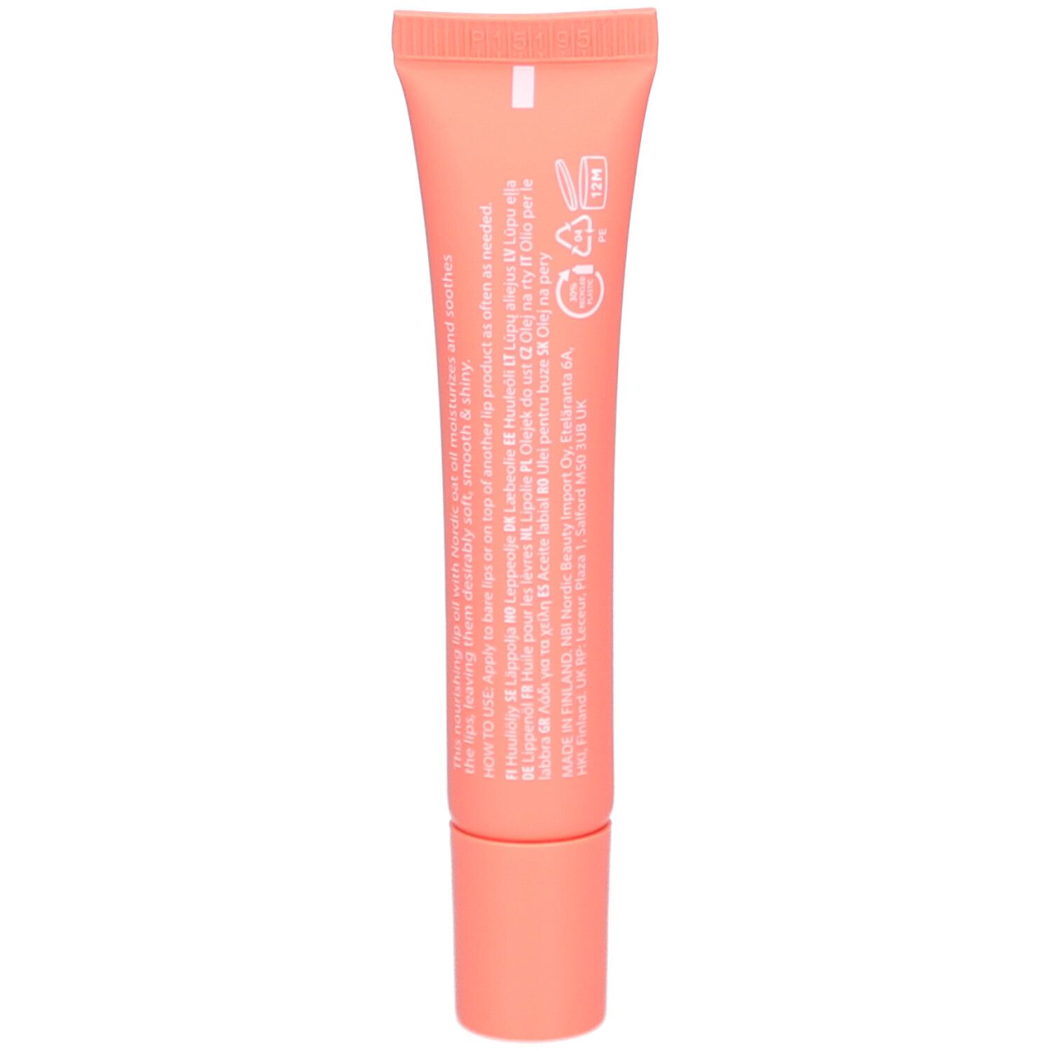 Dos du tube rose. Texte multilingue. Informations sur les ingrédients et le fabricant.