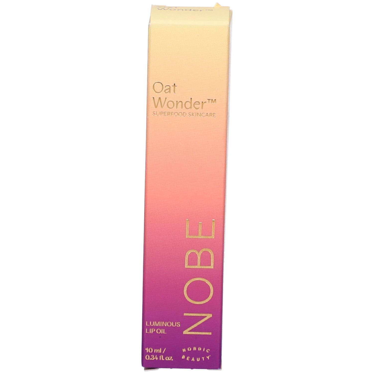 Emballage du produit. NOBE Oat Wonder Luminous Lip Oil. Dégradé de jaune à violet. Texte.