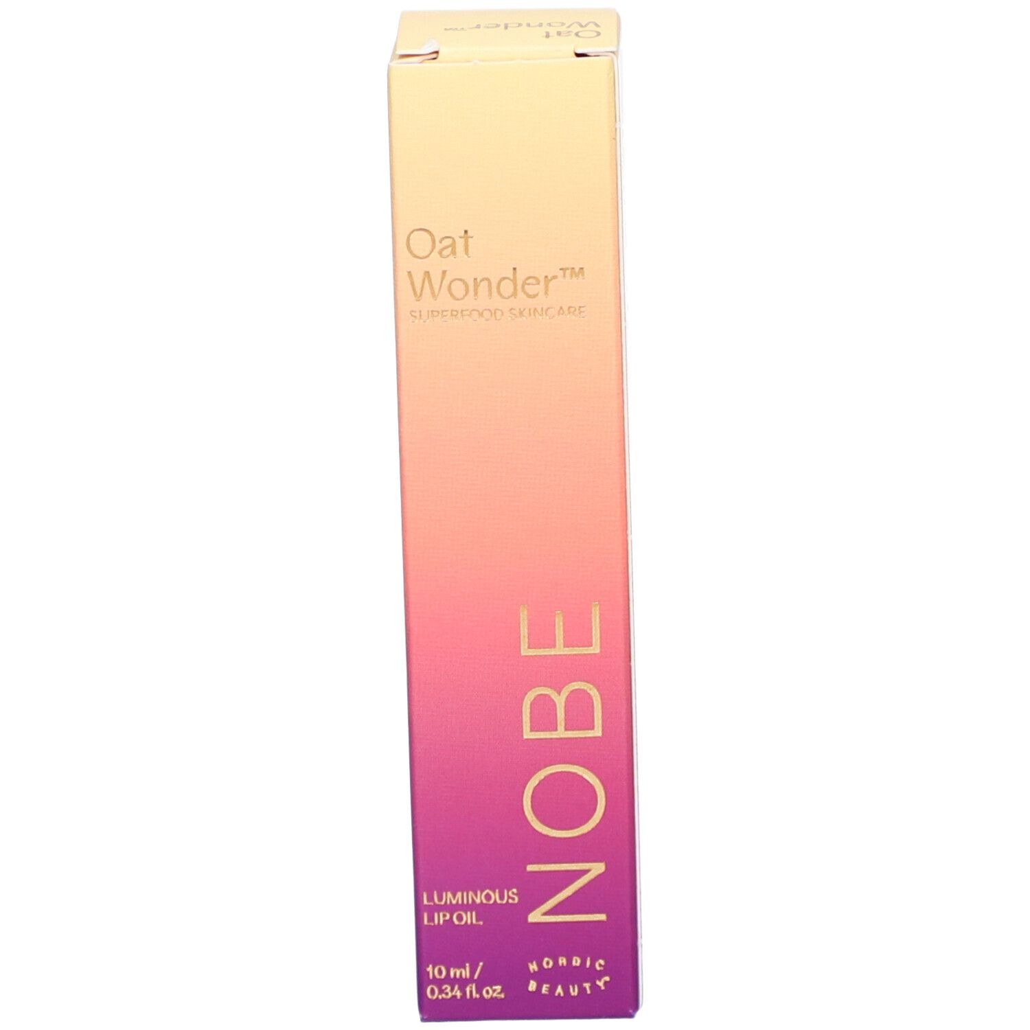 Emballage du produit. NOBE Oat Wonder Luminous Lip Oil. Dégradé de jaune à violet. En biais.