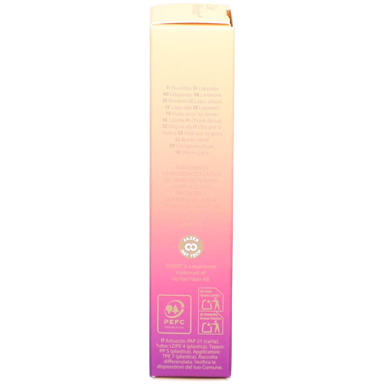 Dos de l'emballage. Texte multilingue. Informations sur les ingrédients et le recyclage.