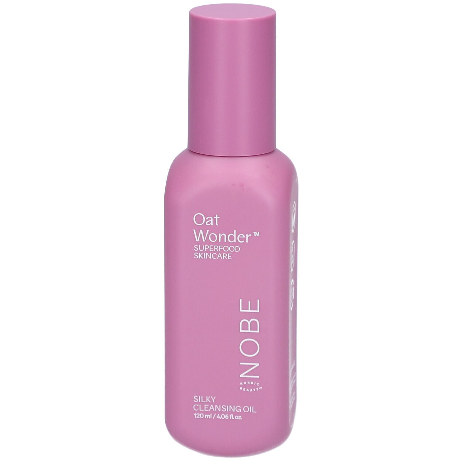 Flacon rose avec bouchon rose. Inscription : Oat Wonder, Superfood Skincare, NOBE, Silky Cleansing Oil.