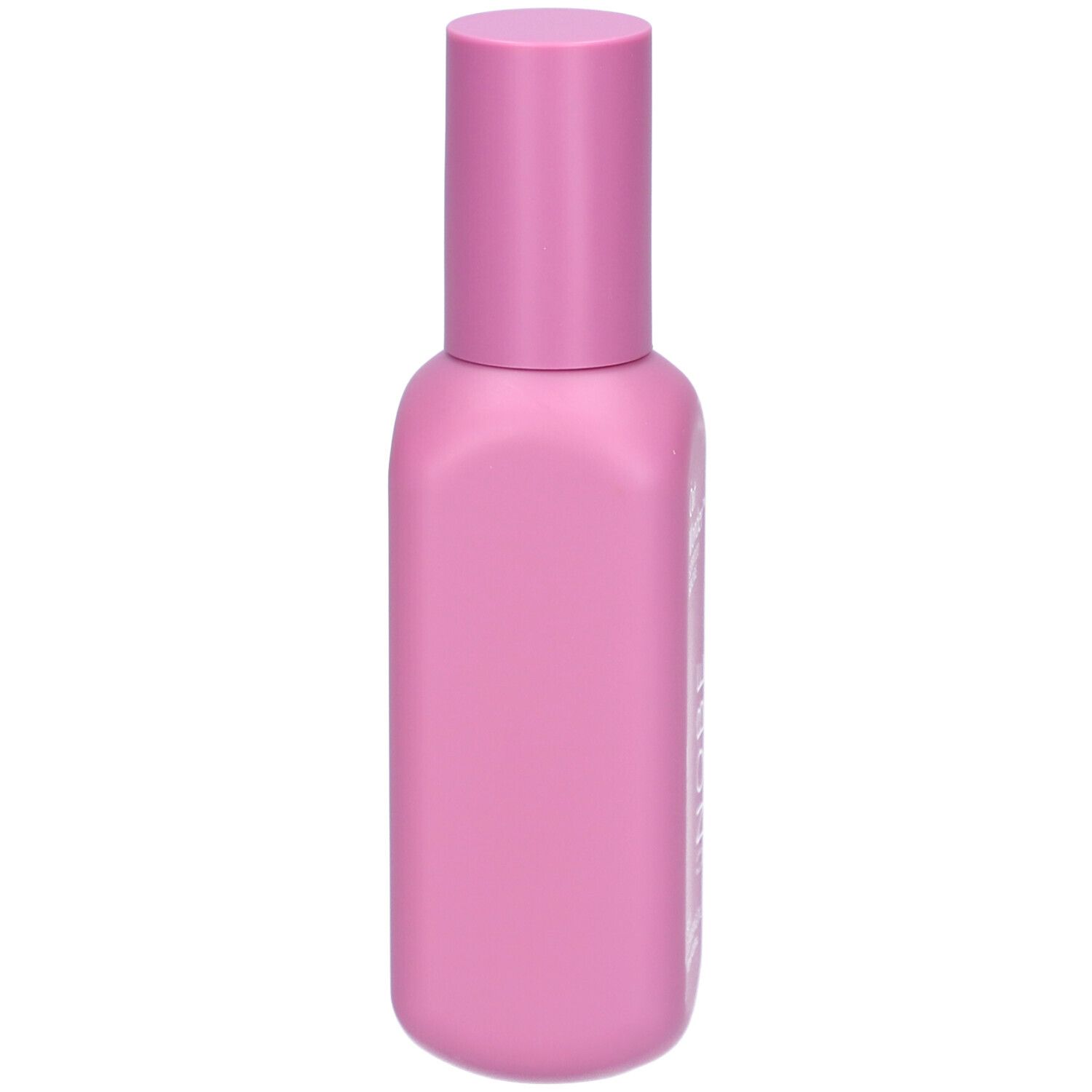 Flacon rose avec bouchon rose. Vue latérale. Aucune inscription visible.