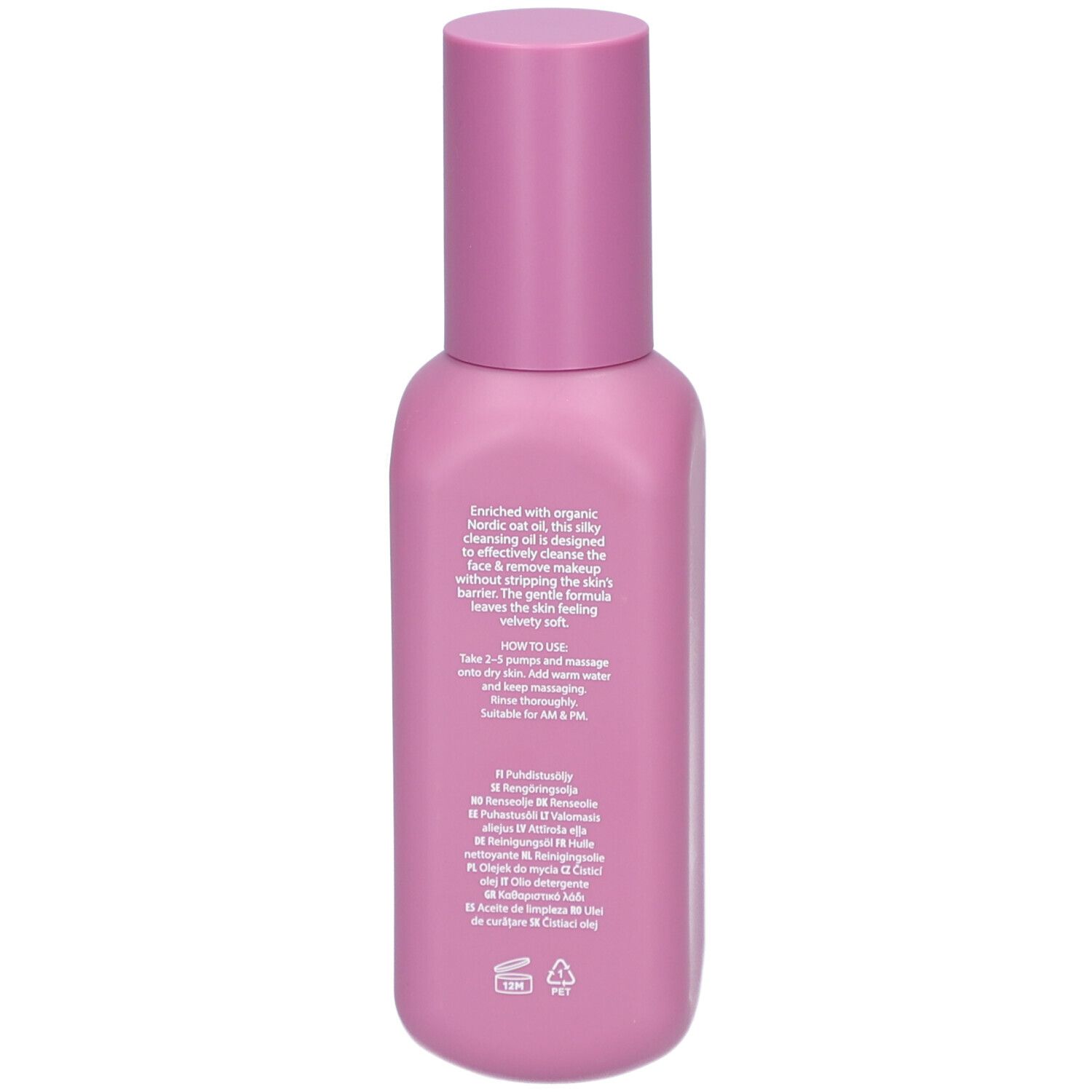 Flacon rose avec bouchon rose. Dos avec texte. Contient des informations sur le produit et les ingrédients.