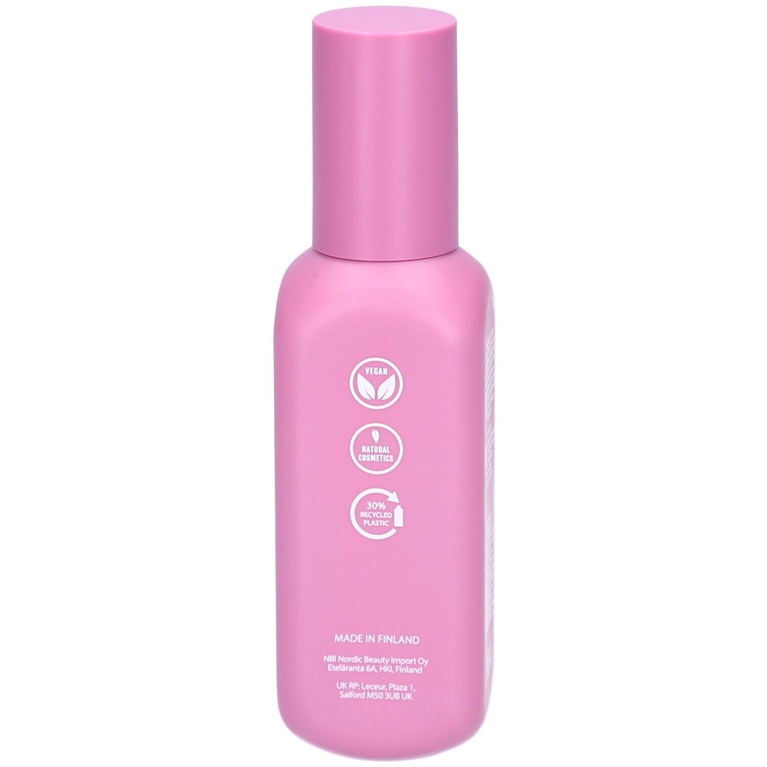 Flacon rose avec bouchon rose. Dos avec logos : Vegan, Natural Cosmetics, 50% Recycled Plastic.