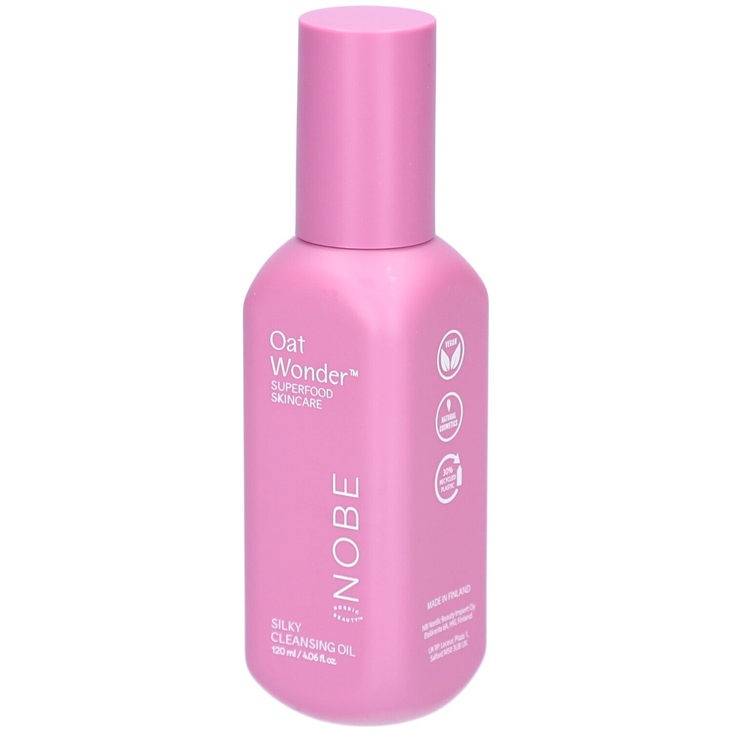 Flacon rose avec bouchon rose. Inscription : Oat Wonder, Superfood Skincare, NOBE, Silky Cleansing Oil. Logos.