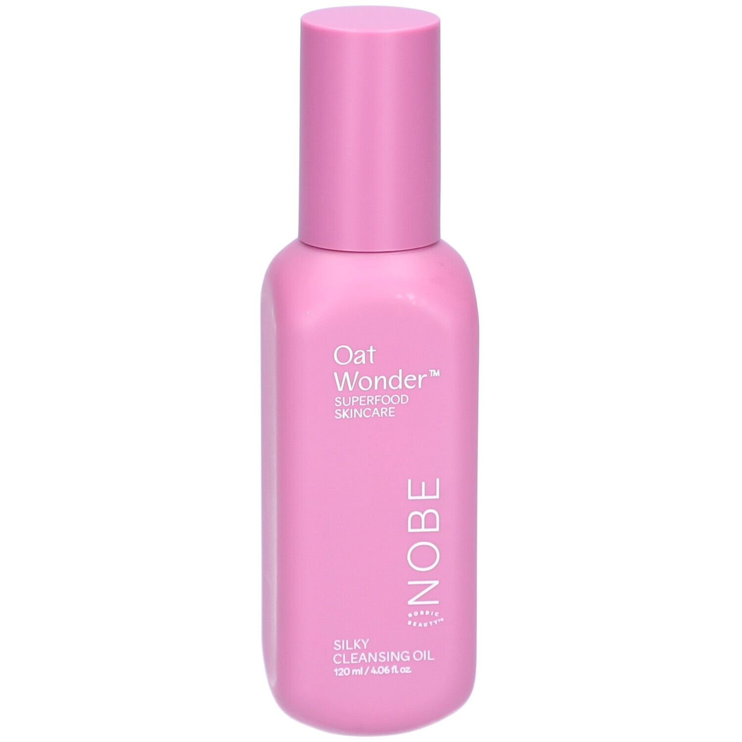 Flacon rose avec bouchon rose. Inscription : Oat Wonder, Superfood Skincare, NOBE, Silky Cleansing Oil.