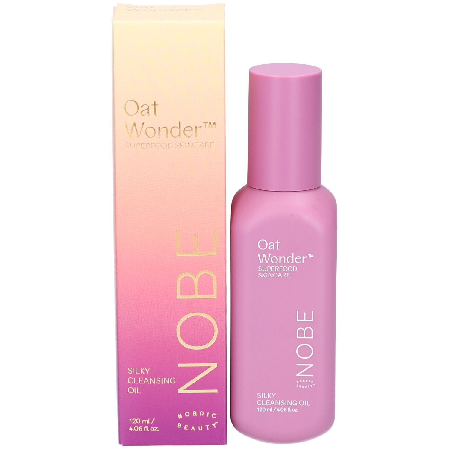 Flacon rose avec bouchon rose et carton. Inscription : Oat Wonder, Superfood Skincare, NOBE, Silky Cleansing Oil.