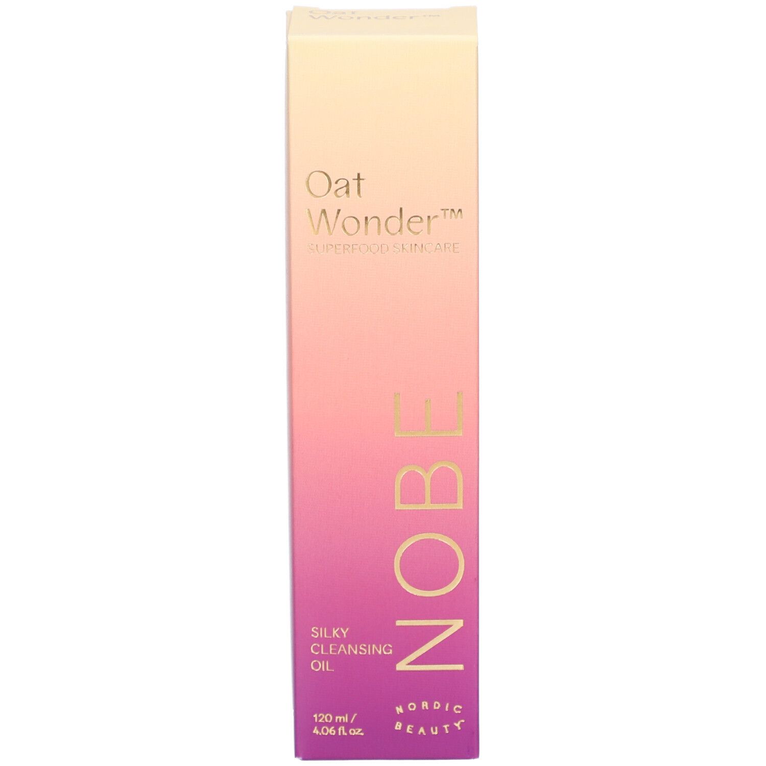 Boîte avec inscription : Oat Wonder, Superfood Skincare, NOBE, Silky Cleansing Oil. Dégradé de couleurs.