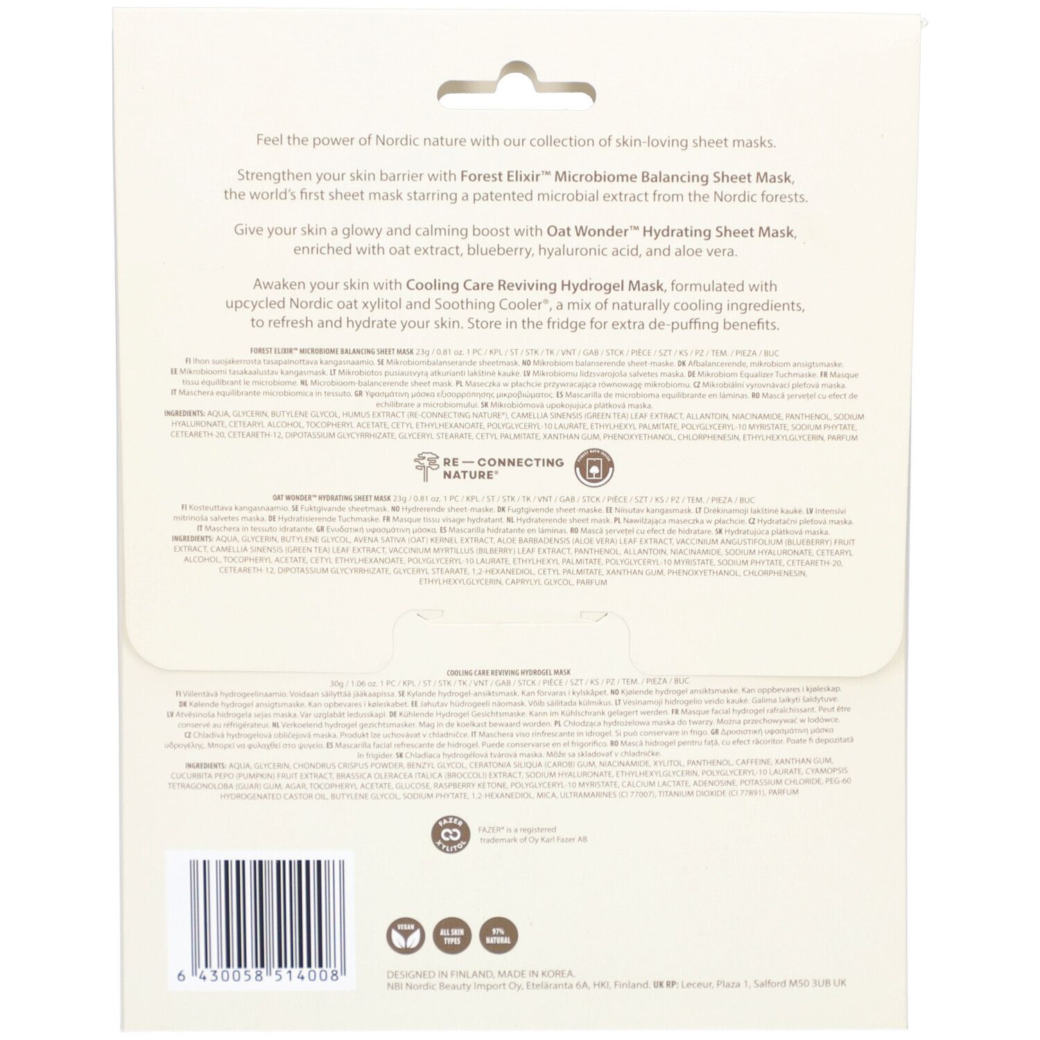 Dos de l'emballage NOBE® Skin-Loving Sheet Mask Trio. Texte multilingue. Code-barres en bas à gauche.