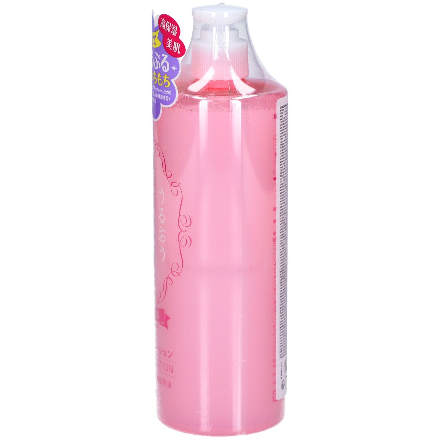 Flacon rose avec pompe blanche, emballé dans du film plastique. Texte multilingue au dos.