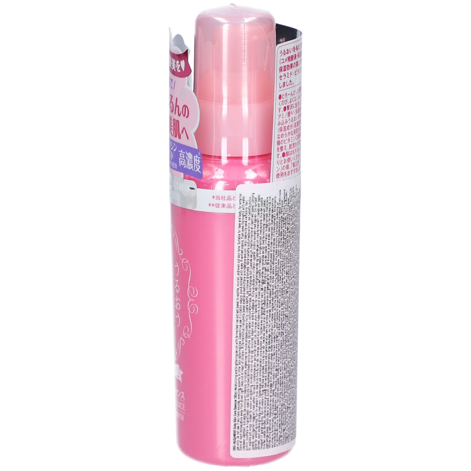 Flacon rose avec texte japonais et étiquette. Bouchon rose. Logo LDK Bestbuy non visible. Nom du produit: Skin Care Essence.