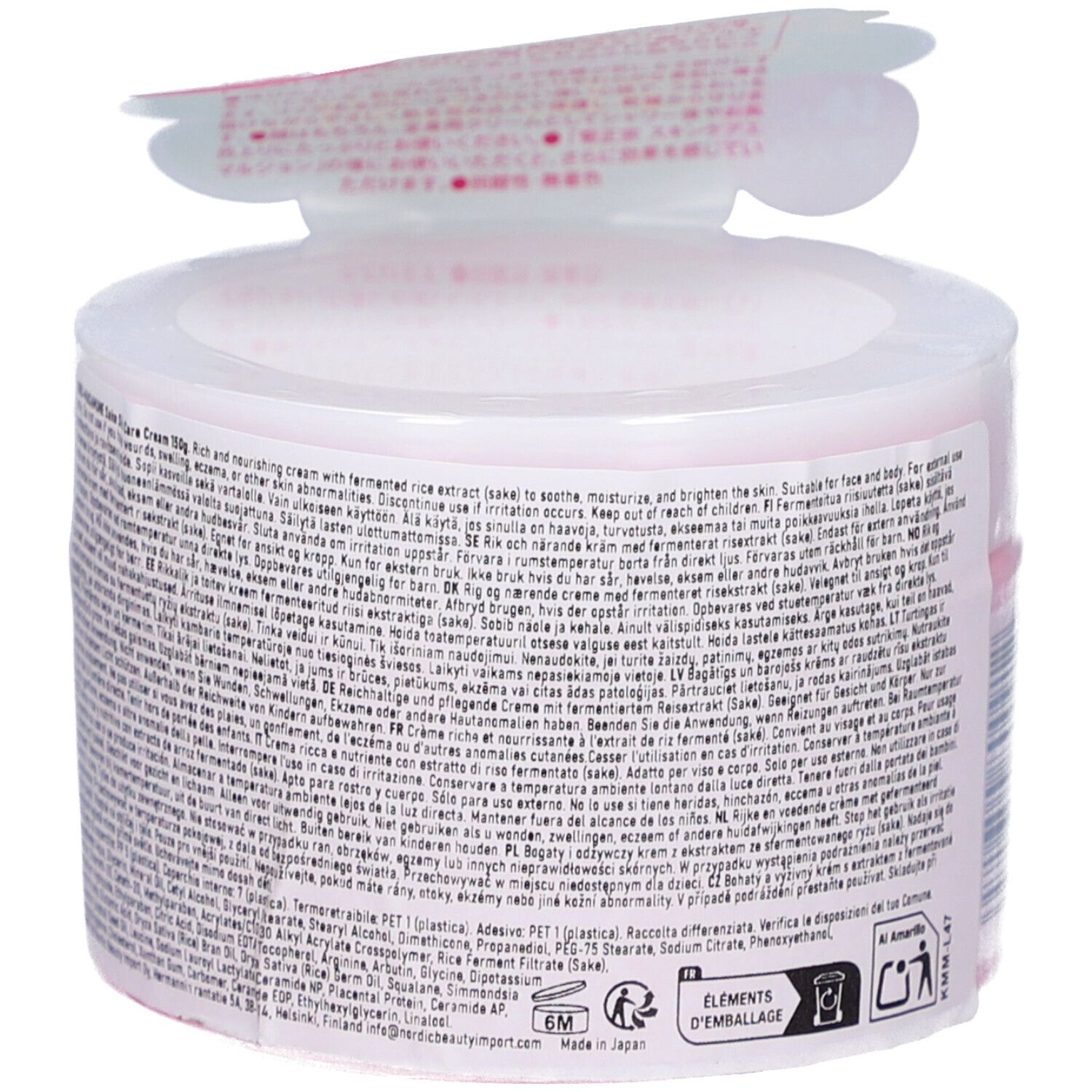 Pot de crème avec couvercle ouvert. Texte multilingue sur l'étiquette. Symbole de recyclage.