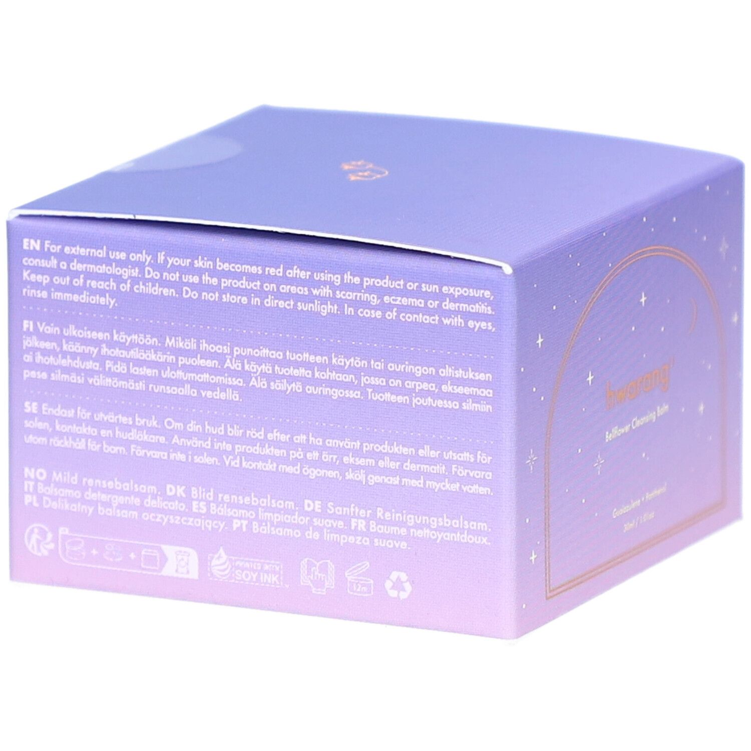 Dos de la boîte violette. Texte multilingue. Avertissements et informations d'utilisation.