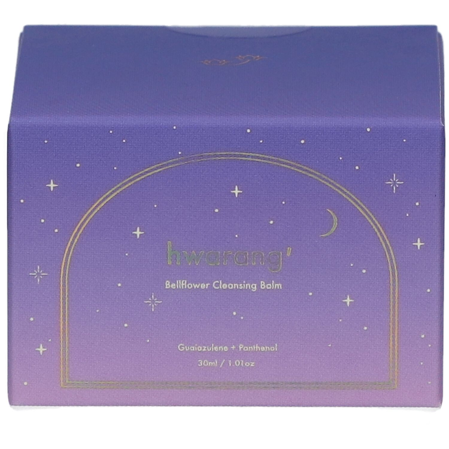 Boîte violette. Inscription : Hwarang' Bellflower Cleansing Balm. Cadre doré, étoiles et lune. Ingrédients.