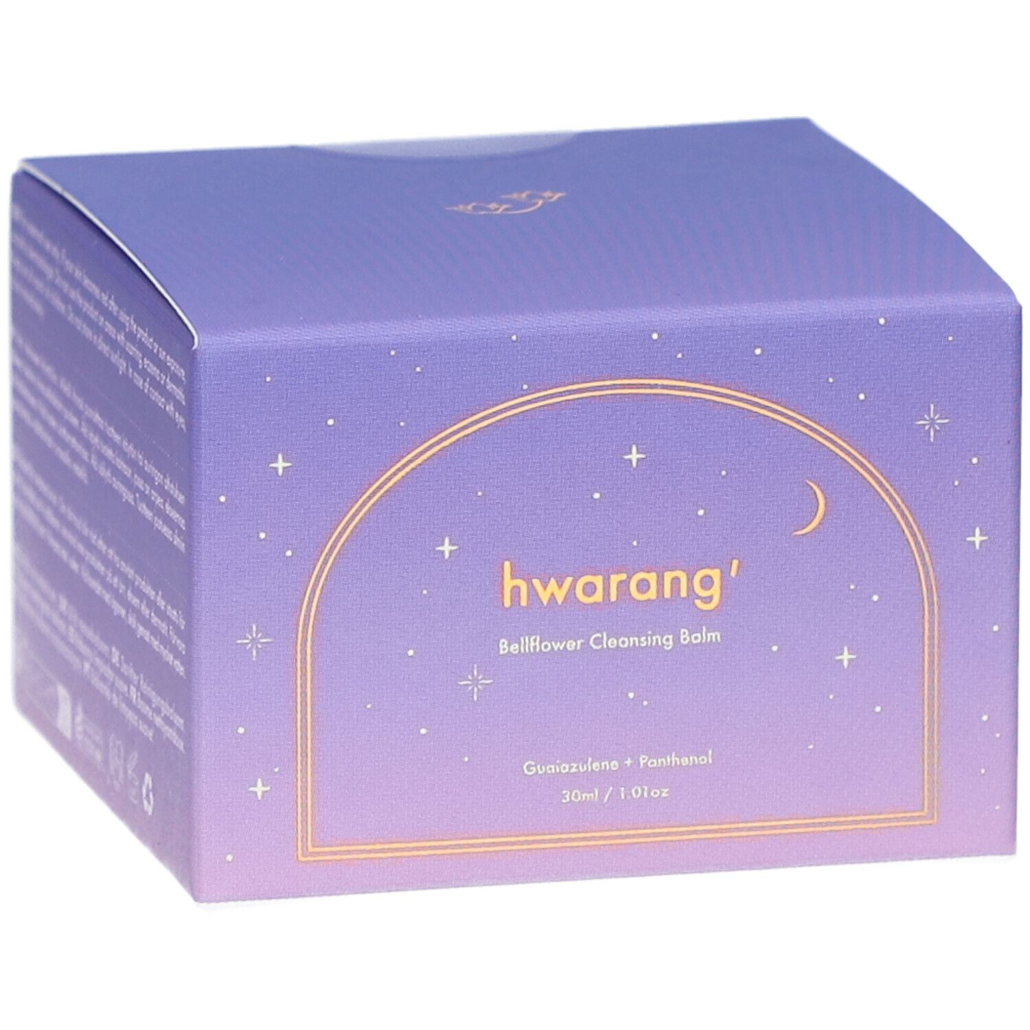 Boîte violette. Inscription : Hwarang' Bellflower Cleansing Balm. Cadre doré, étoiles et lune. Ingrédients.
