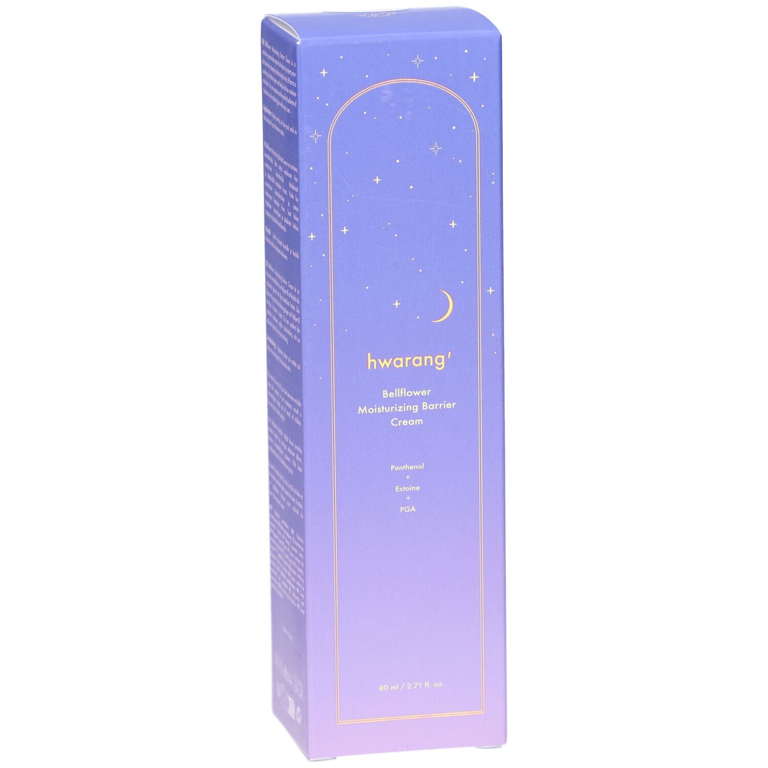 Emballage du produit avec nom et ingrédients. Dégradé de violet à blanc. Design étoiles et lune.