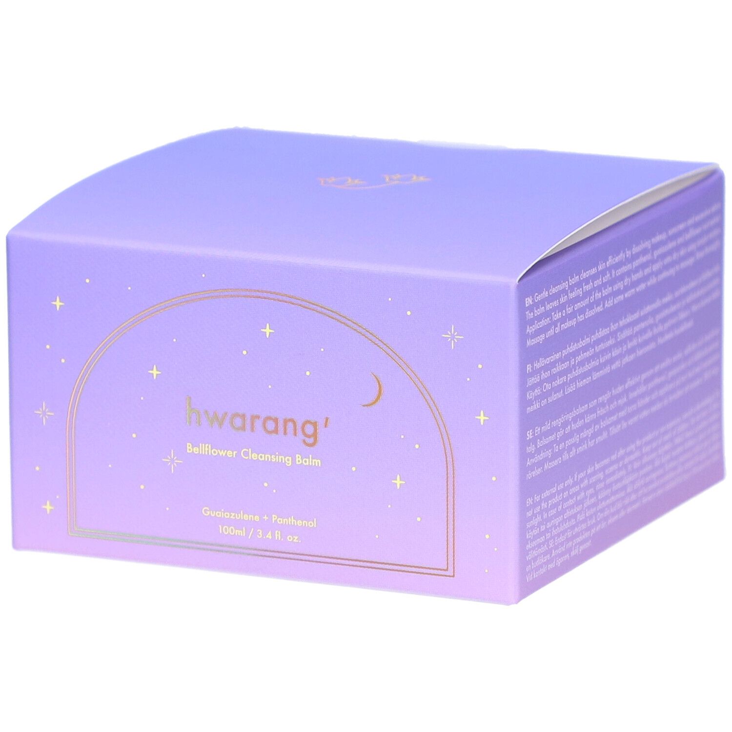 Boîte lilas avec nom du produit et texte doré. Motifs lune et étoiles. Nom du produit : Hwarang' Bellflower Cleansing Balm.