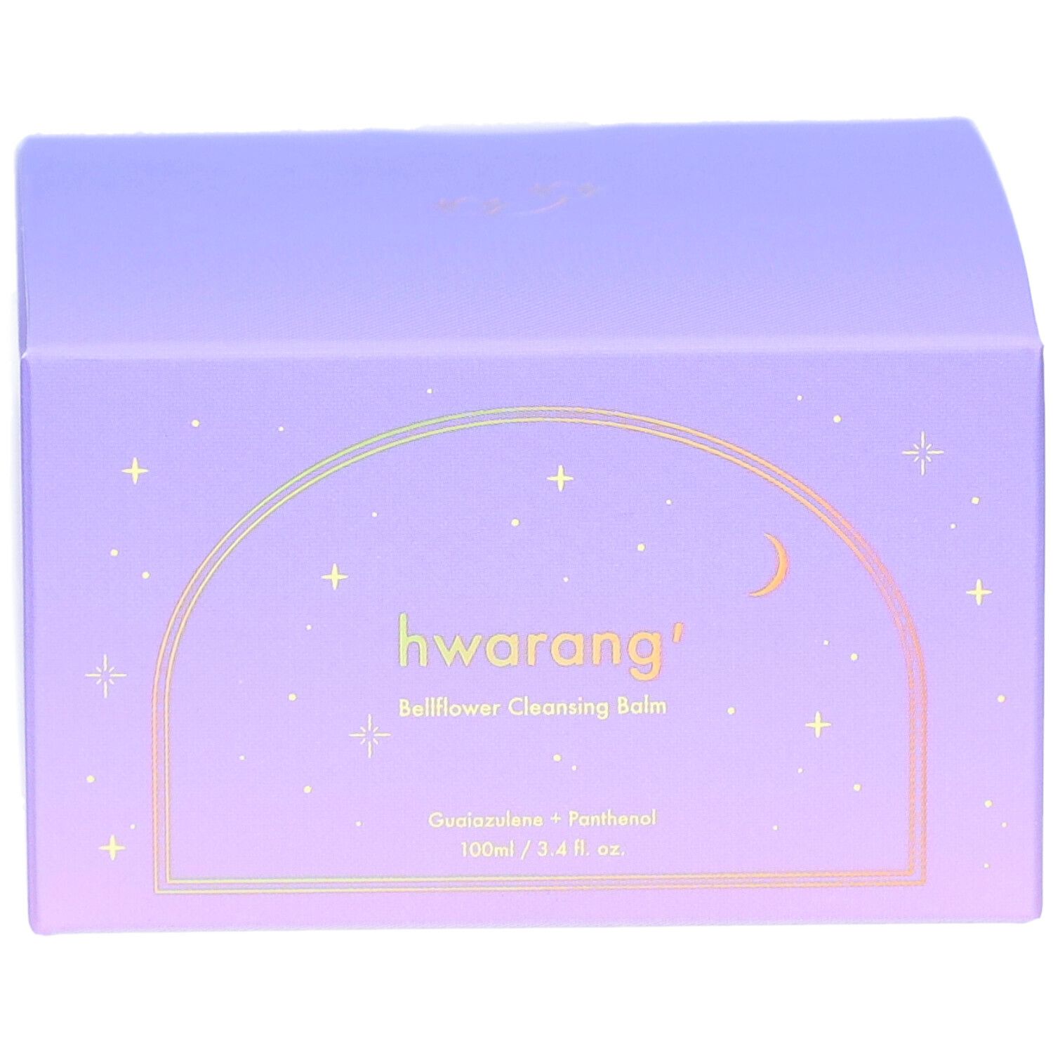 Boîte lilas avec nom du produit et texte. Détails dorés. Motifs lune et étoiles. Nom du produit : Hwarang' Bellflower Cleansing Balm.