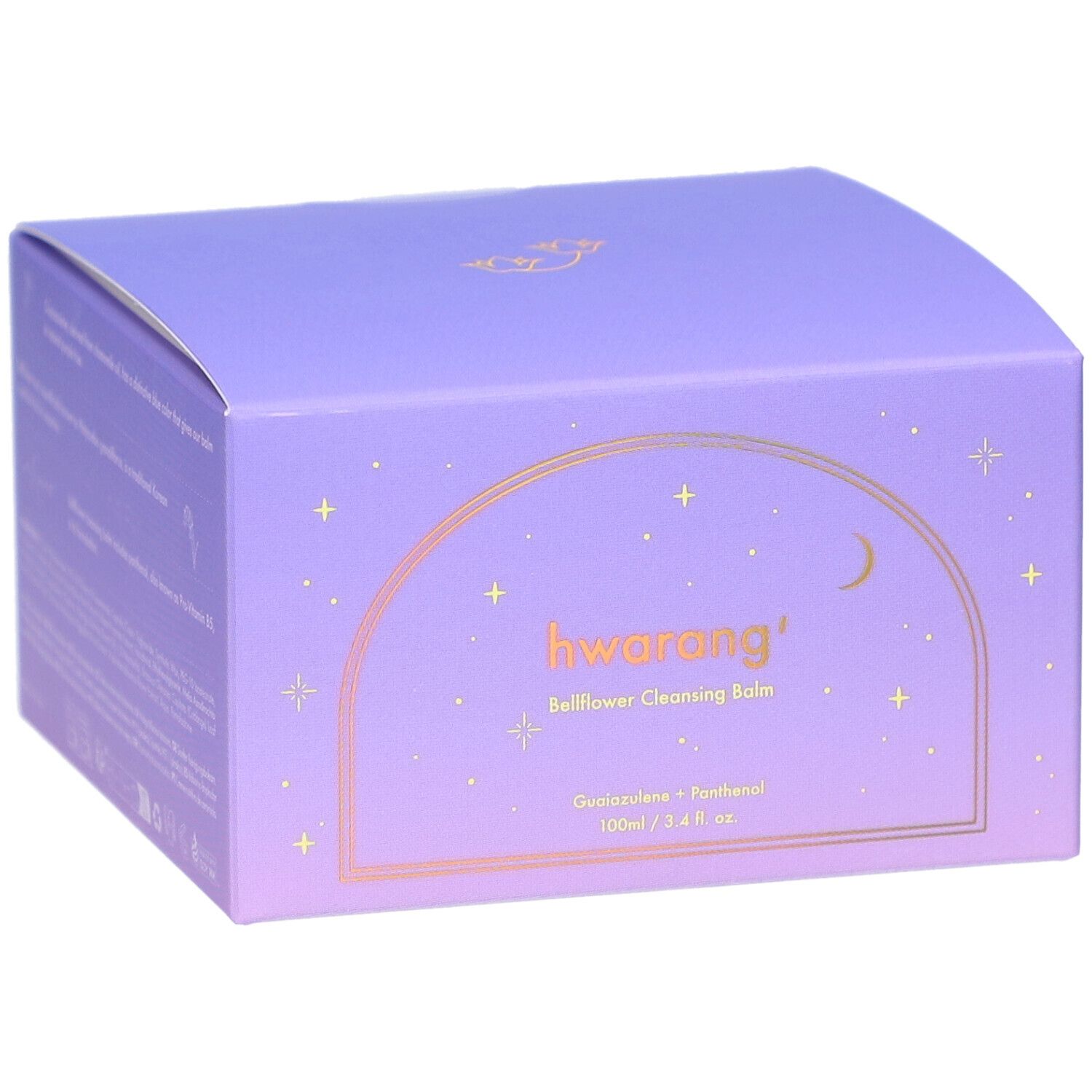 Boîte lilas avec nom du produit et texte. Détails dorés. Motifs lune et étoiles. Nom du produit : Hwarang' Bellflower Cleansing Balm.