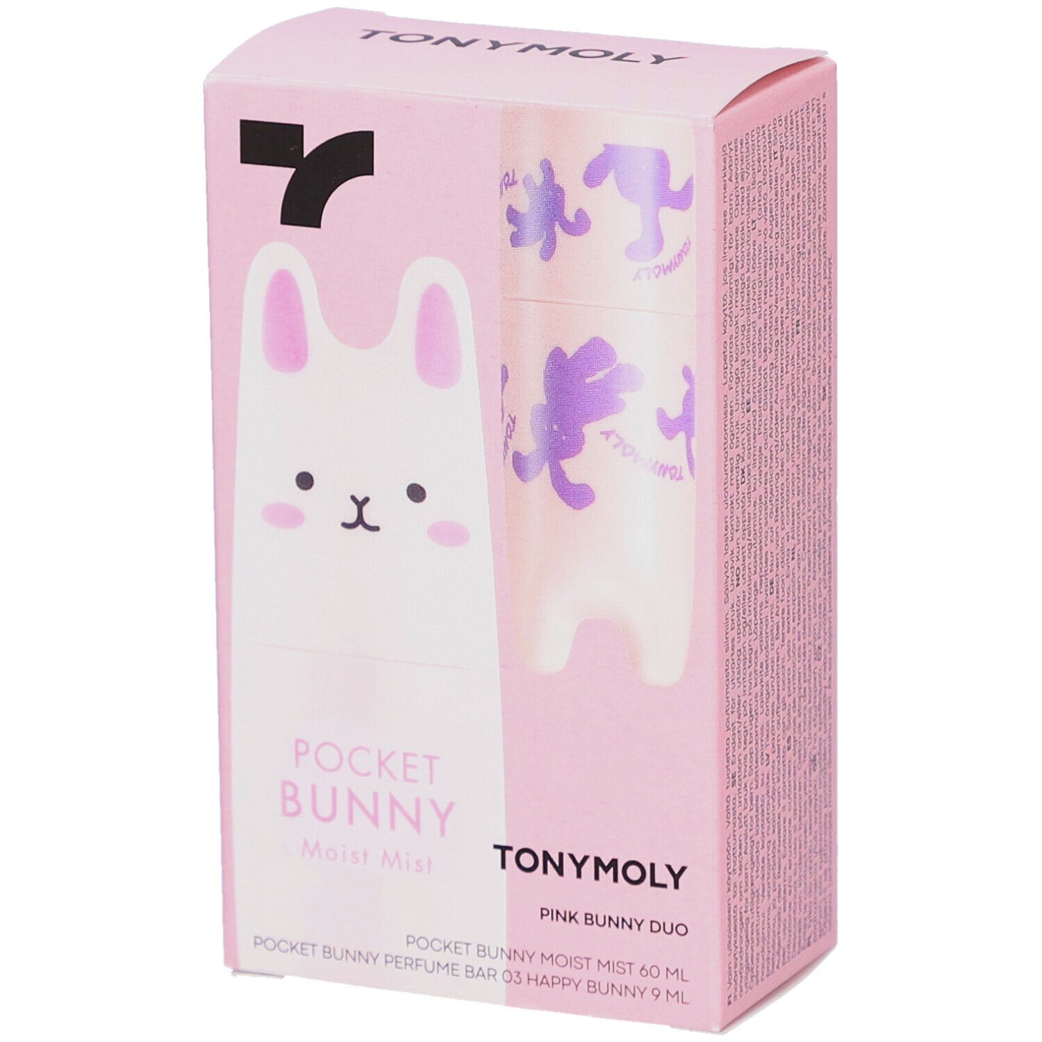 Emballage rose TONYMOLY Pocket Bunny Duo. Contient brume visage et stick parfum. Design lapin.