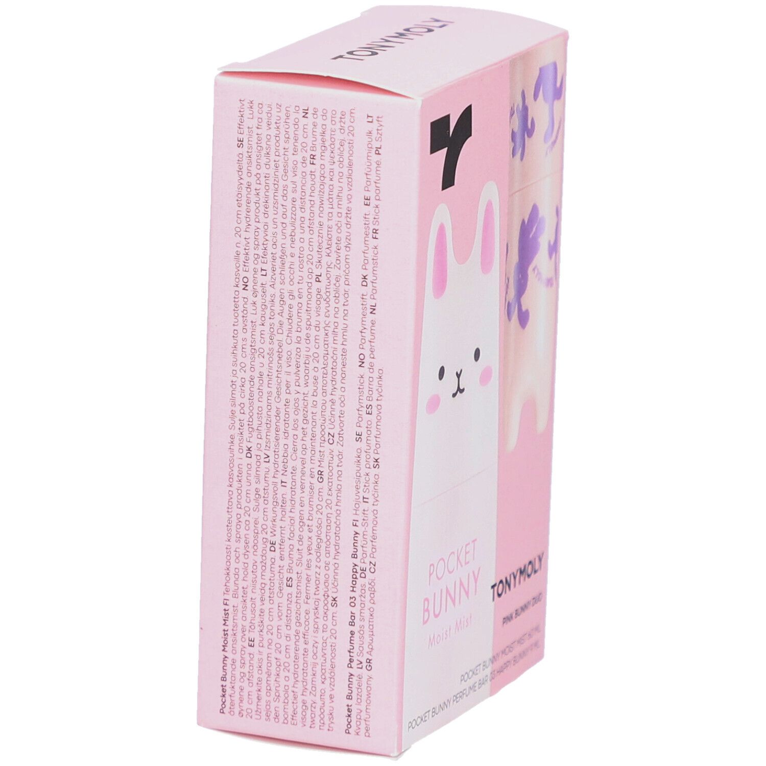 Emballage rose TONYMOLY Pocket Bunny Duo. Texte sur l'emballage. Design lapin. Brume visage et stick parfum.