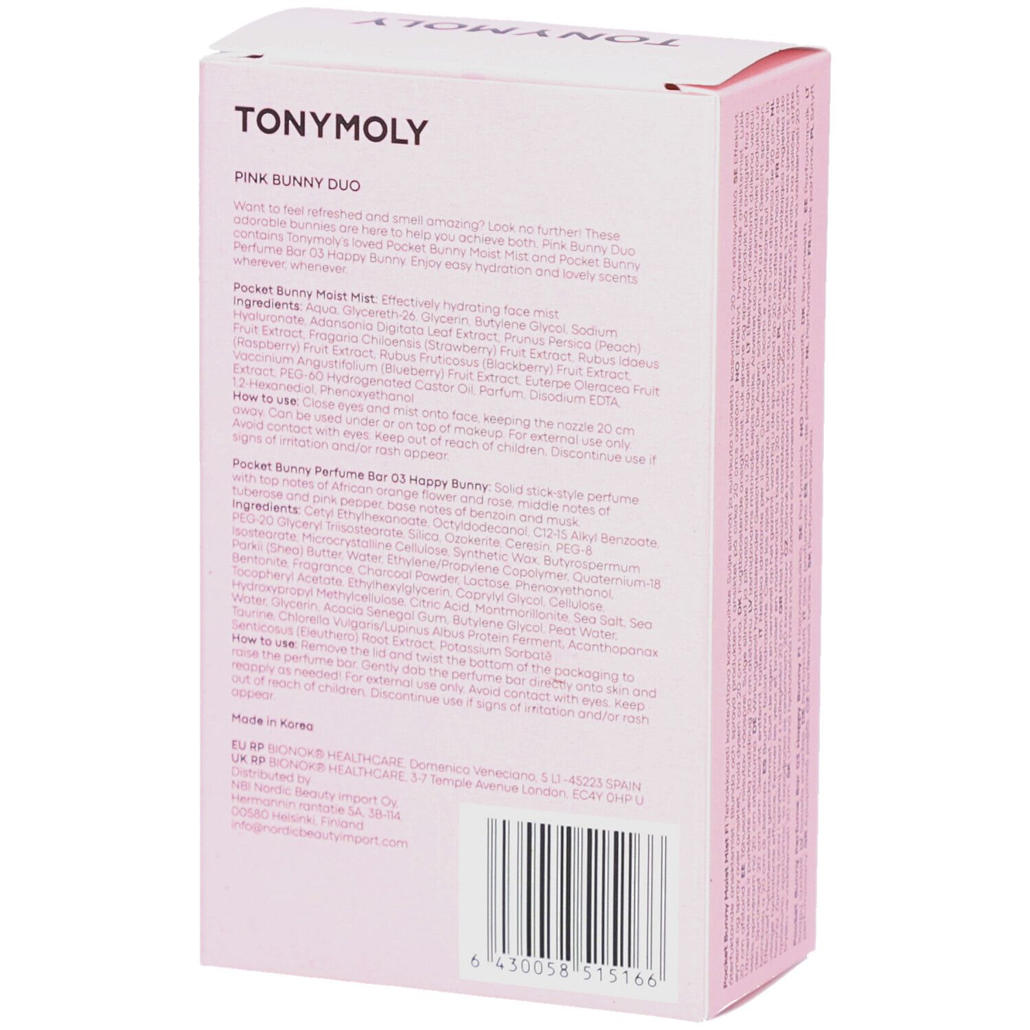 Vue latérale de l'emballage rose TONYMOLY Pocket Bunny Duo avec descriptions détaillées du produit.