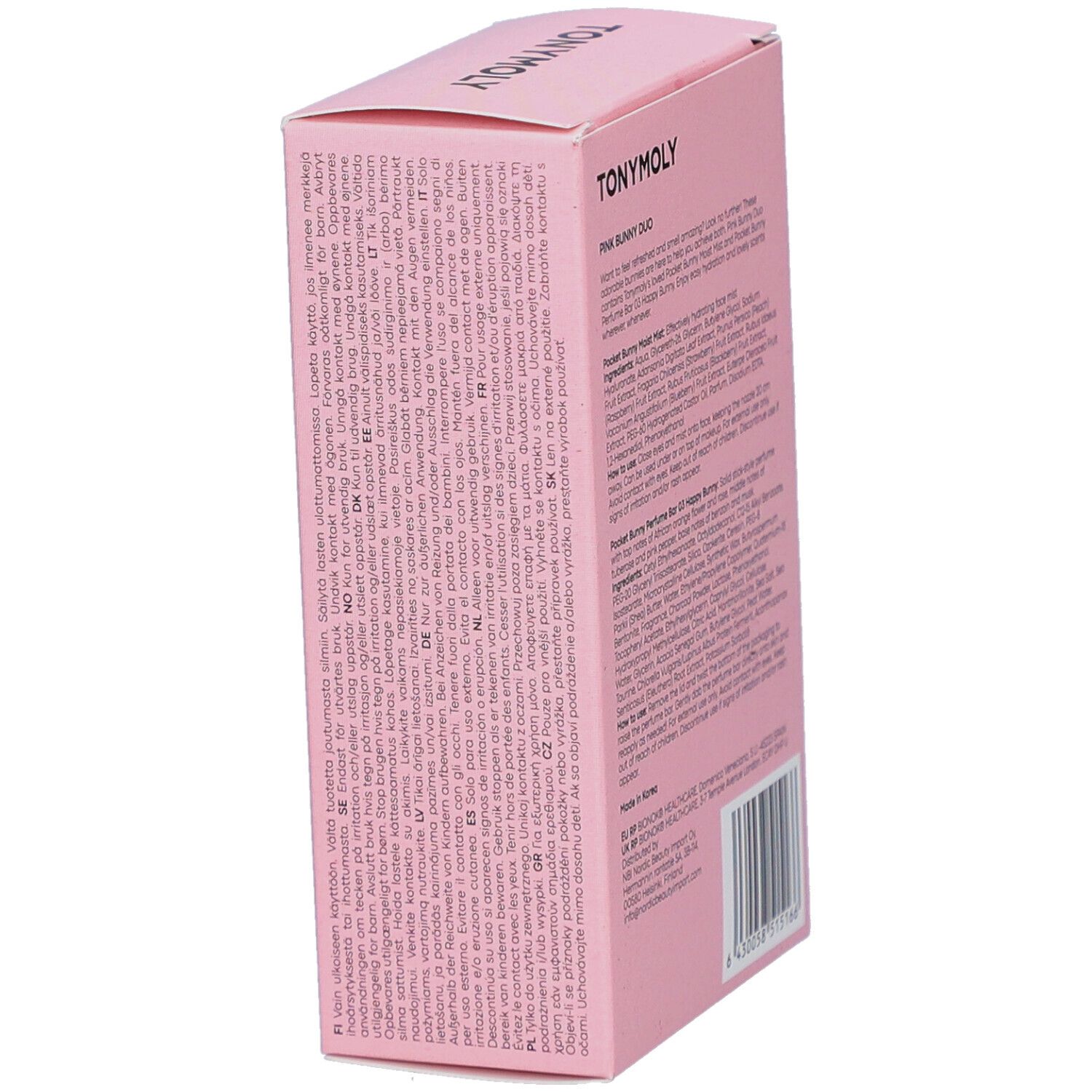 Emballage rose TONYMOLY. Texte sur l'emballage. Pocket Bunny Duo. Brume visage et stick parfum.