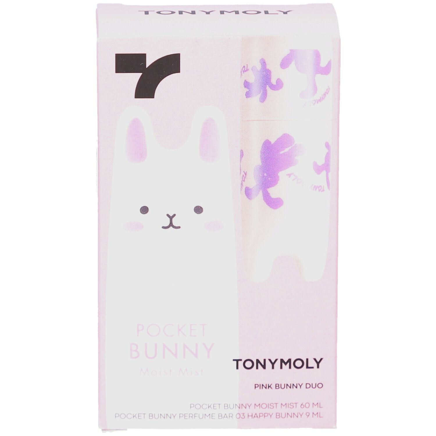 Emballage rose TONYMOLY Pocket Bunny Duo. Brume visage et stick parfum. Design lapin. Noms des produits.