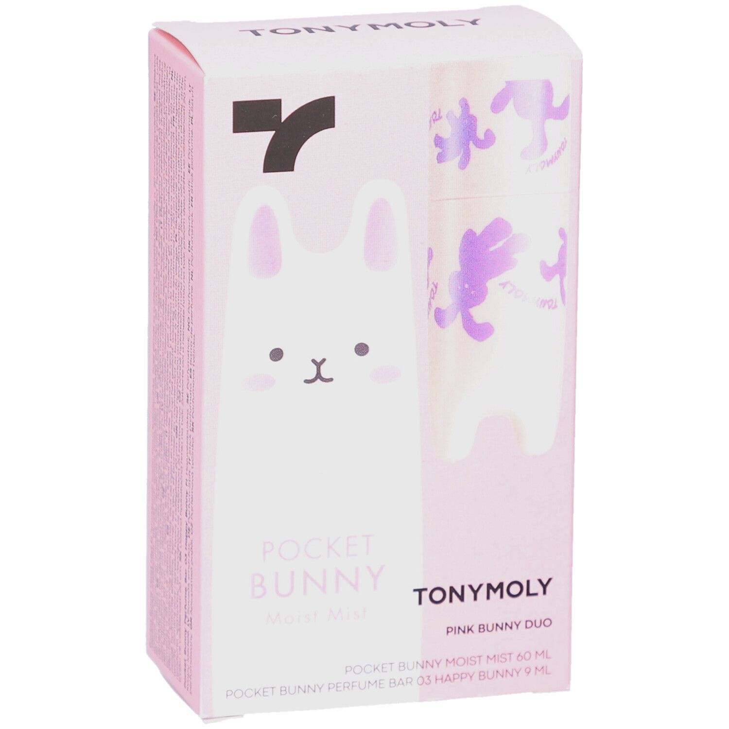 Emballage rose TONYMOLY Pocket Bunny Duo. Brume visage et stick parfum. Design lapin. Noms des produits.