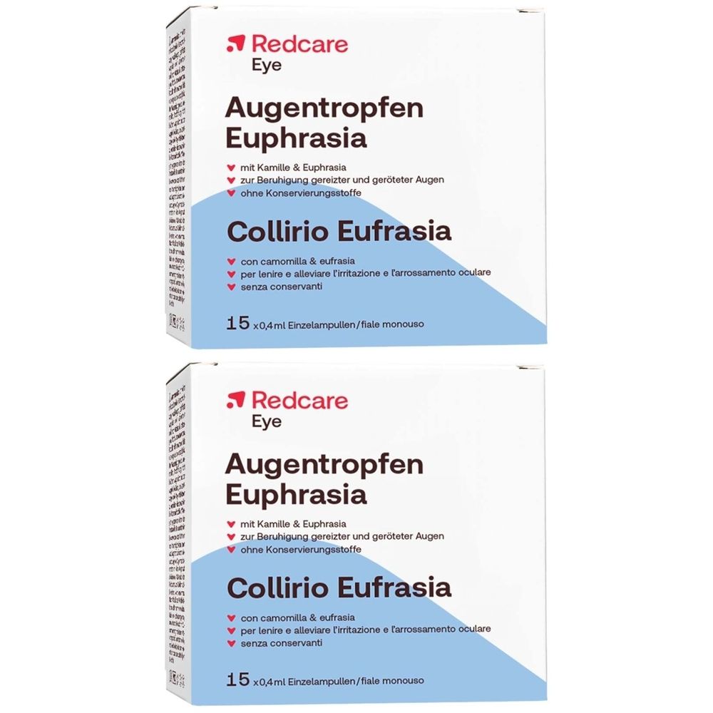 Deux boîtes de Redcare Eye Augentropfen Euphrasia. Boîtes blanches avec logo rouge et informations produit.