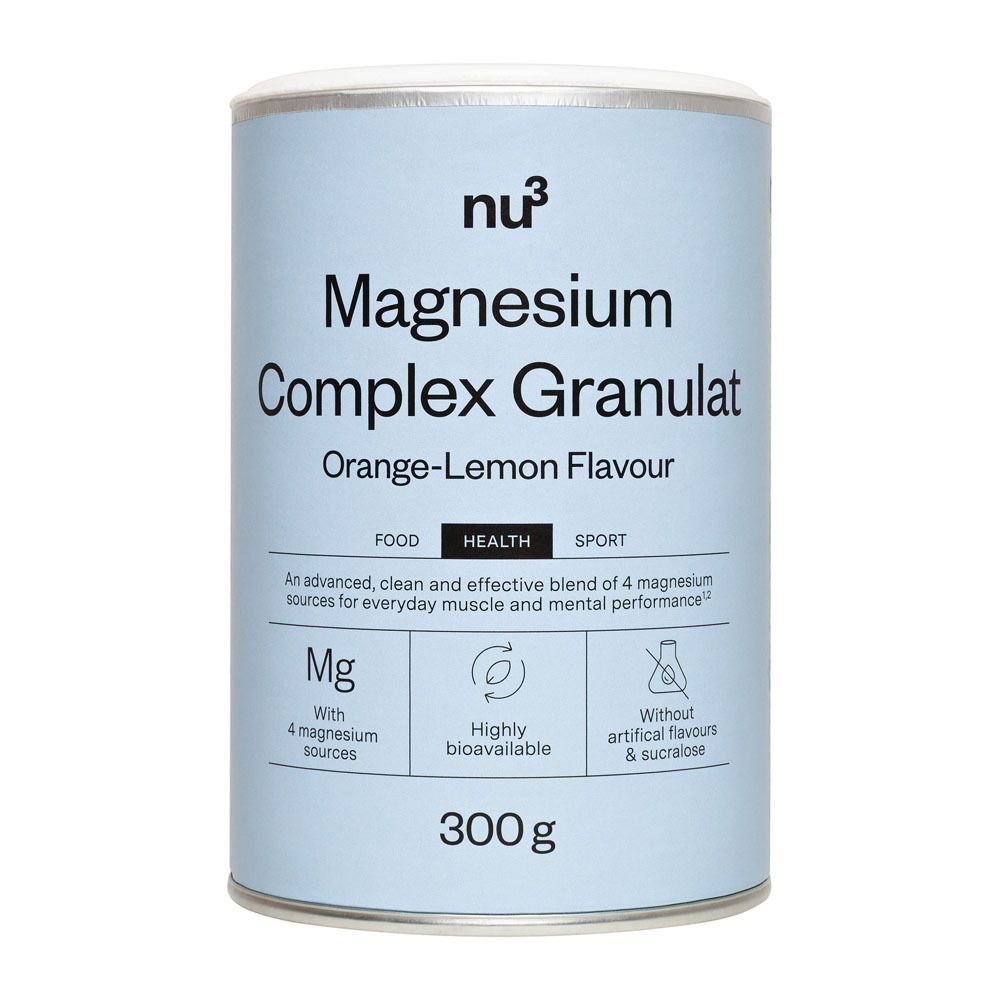Boîte cylindrique de nu3 Magnesium Complex Granulat, saveur Orange-Citron. 300g. Avec 4 sources de magnésium.