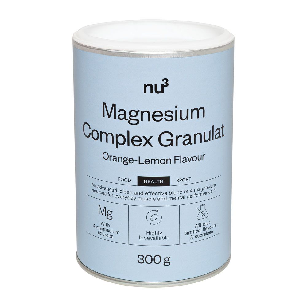 Boîte nu3 Magnesium Complex Granulat, cuillère de granulés, verre de liquide. Saveur Orange-Citron. 300g. 4 sources magnésium.