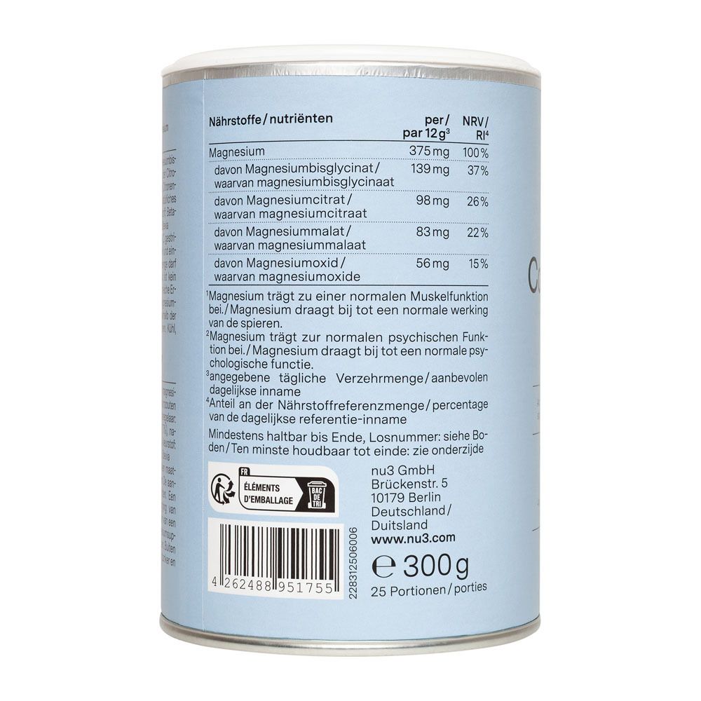 Boîte nu3 Magnesium Complex Granulat, verre de liquide. Saveur Orange-Citron. 300g. 4 sources magnésium. Sur table.