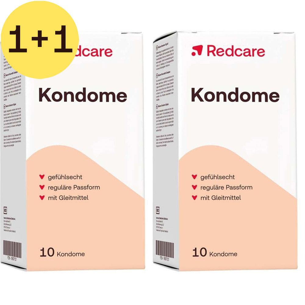 Deux boîtes de préservatifs Redcare avec autocollant "1+1". Chaque boîte indique "Kondome" et "10 Kondome".