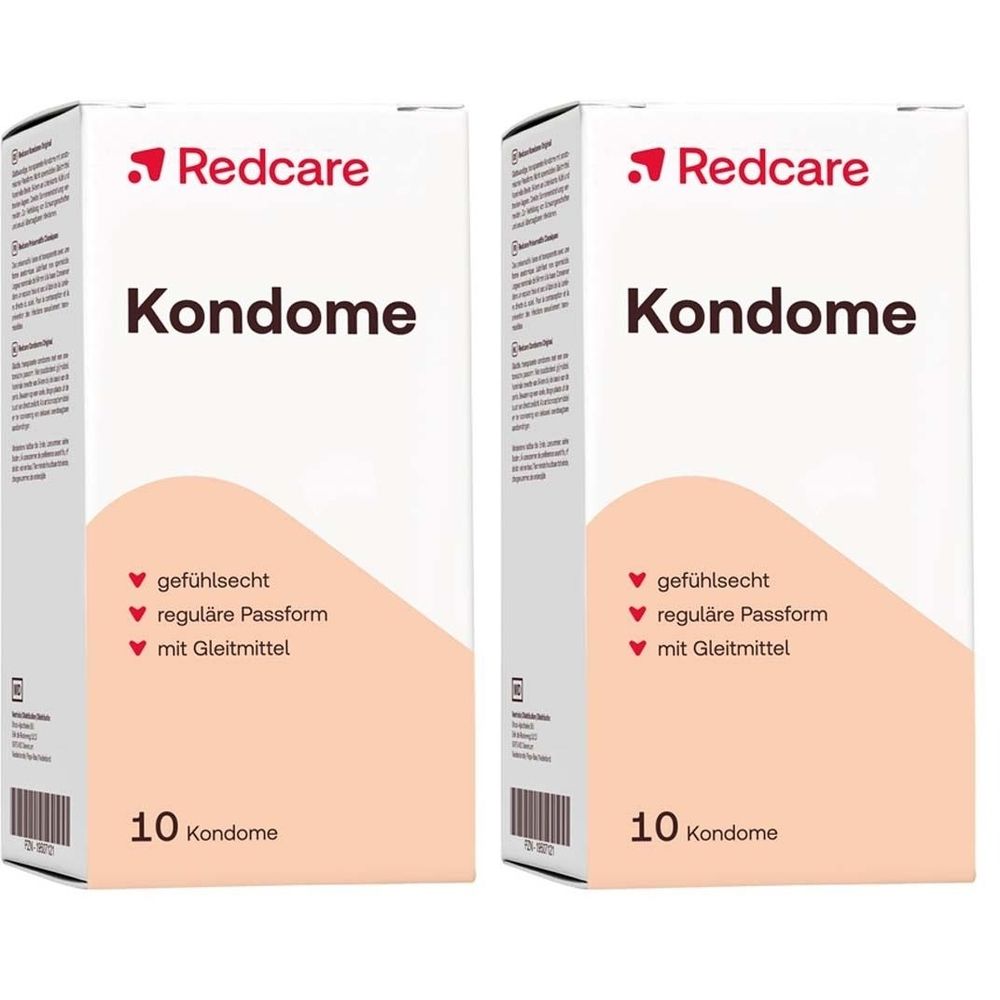 Deux boîtes de préservatifs Redcare. Inscription : Préservatifs, 10 préservatifs. Caractéristiques : sensation naturelle, taille standard, avec lubrifiant.