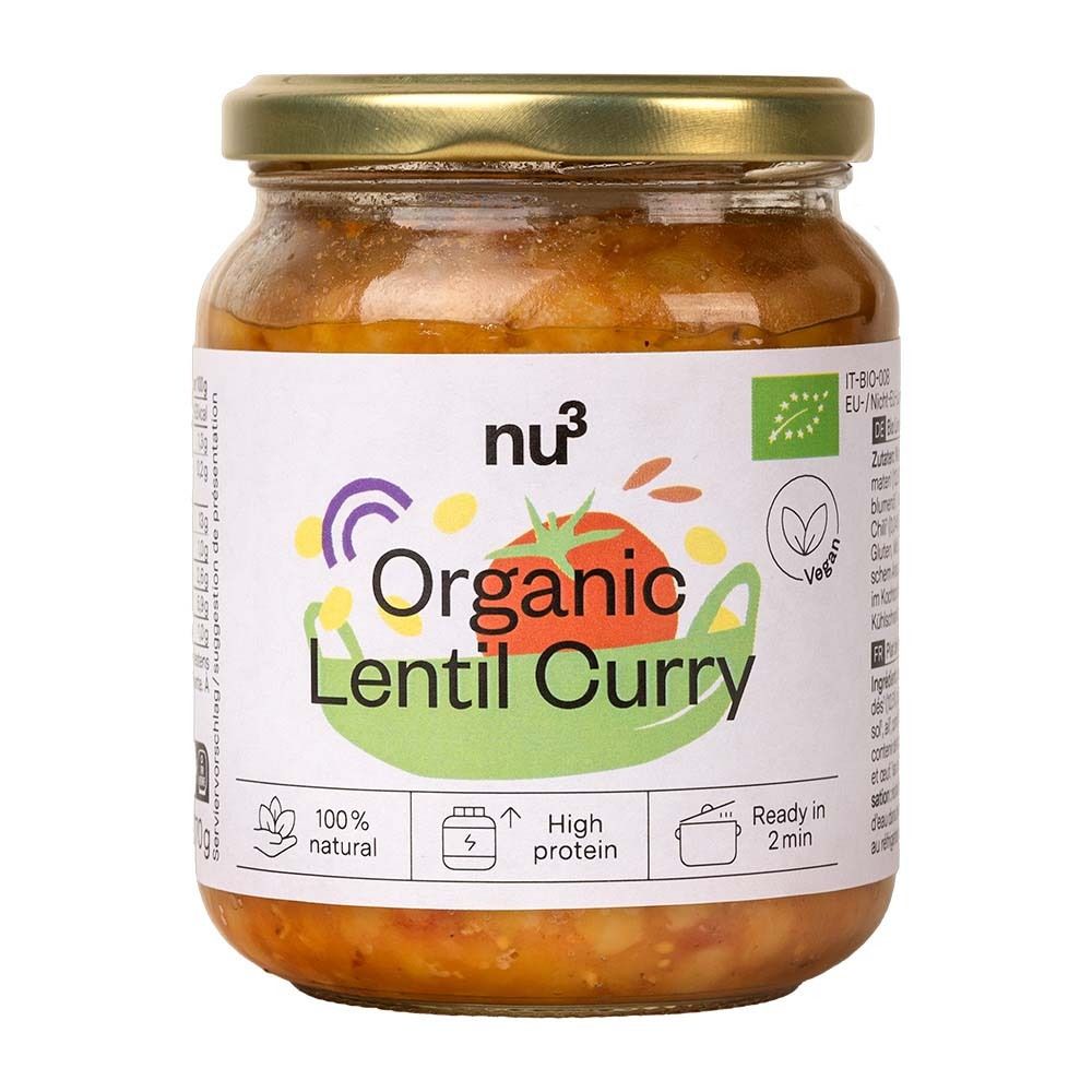 Pot de nu3 Organic Lentilles au curry. Étiquette avec nom du produit, logo, label bio et autres informations. 100% naturel, riche en protéines, prêt en 2 minutes.