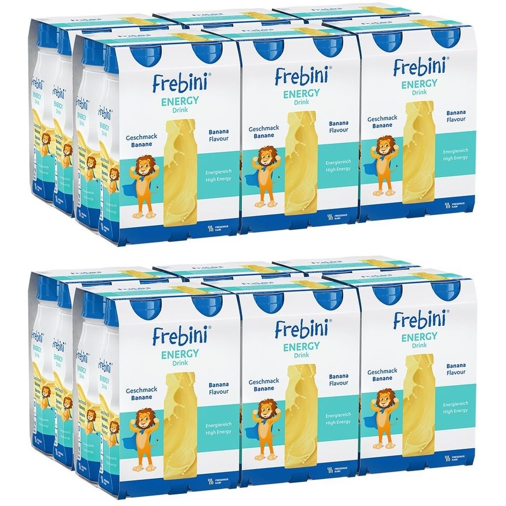 Plusieurs boîtes de Frebini Energy. Sur les boîtes, "Goût Banane" et un dessin animé de lion.