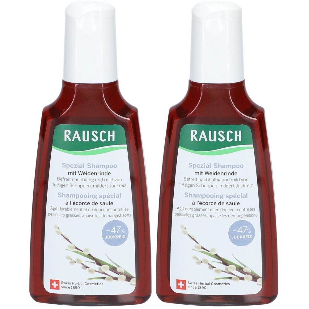 Deux flacons de shampooing spécial RAUSCH à l'écorce de saule. Flacons rouges avec bouchons blancs et étiquettes vertes. Cosmétiques suisses.