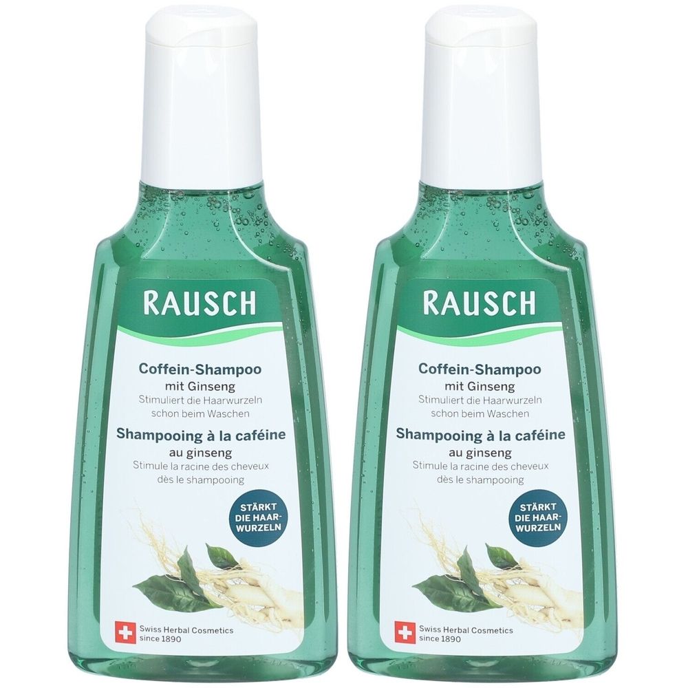Deux flacons de shampooing RAUSCH à la caféine et au ginseng. Liquide verdâtre dans des flacons à bouchon blanc. Texte : Renforce les racines.