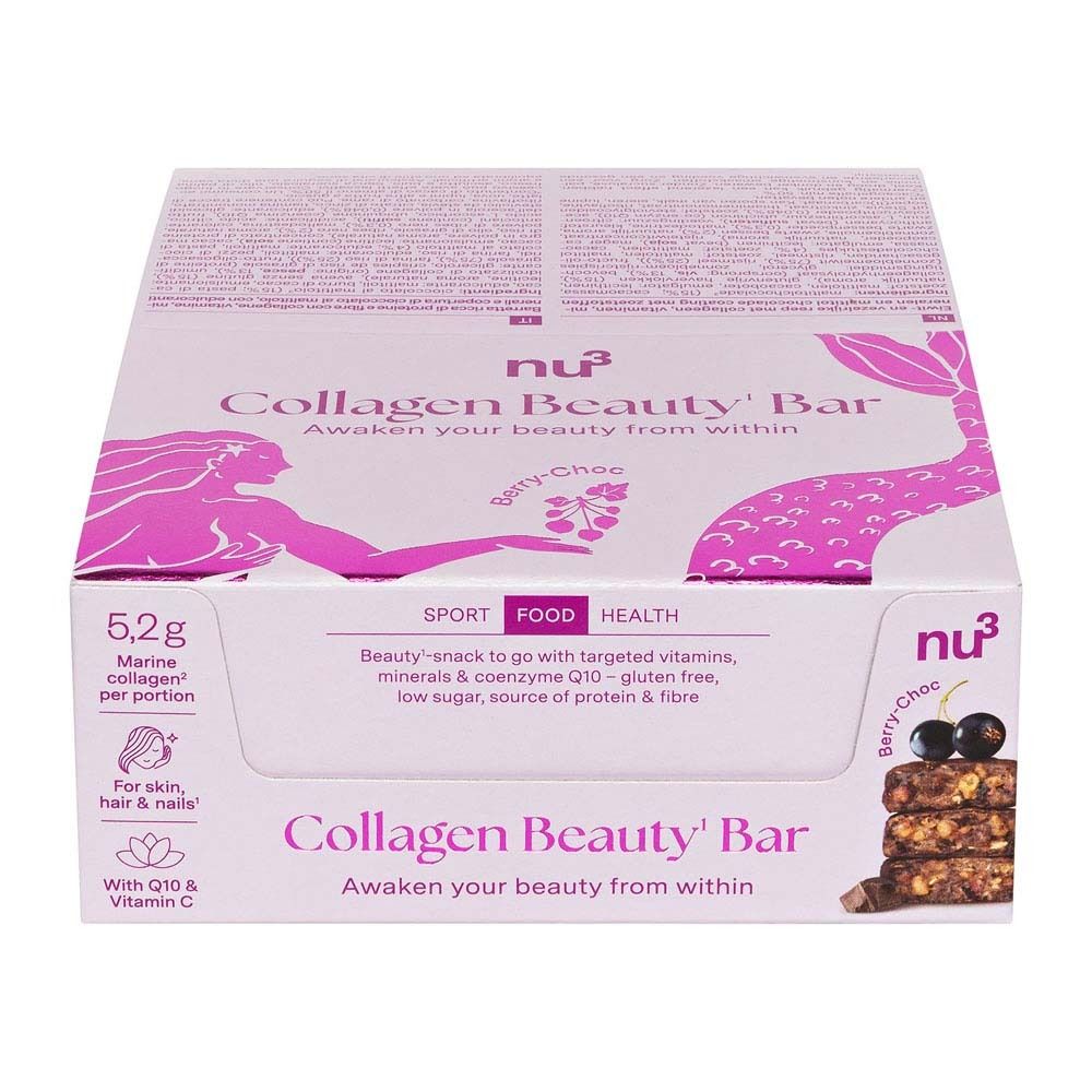 Emballage de nu3 Collagen Beauty Bar Berry-Choc. Contient des informations sur les ingrédients et la valeur nutritionnelle. Rose et blanc.