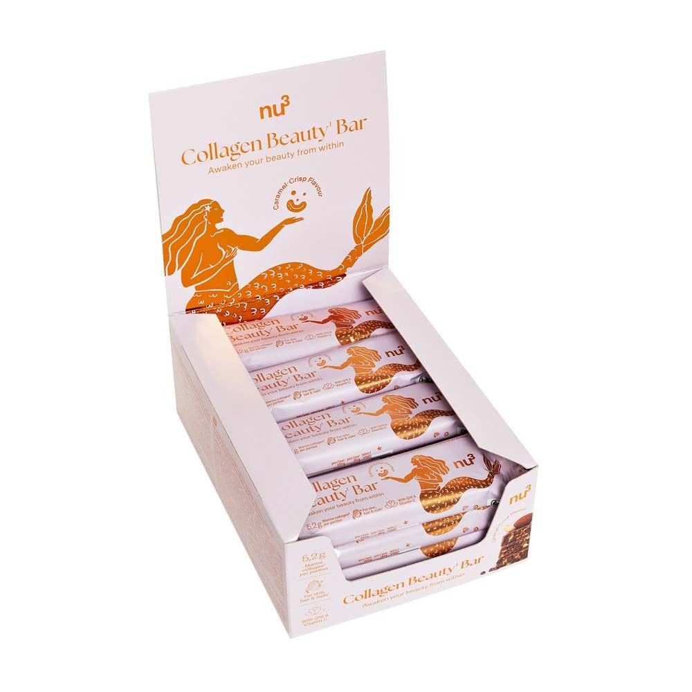 Boîte de nu3 Collagen Beauty Bar ouverte, avec barres. Illustration de sirène et nom du produit.