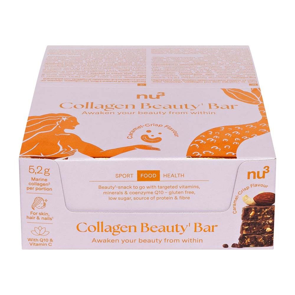 Emballage de nu3 Collagen Beauty Bar. Rose, avec nom du produit, logo et image d'une barre avec des noix.