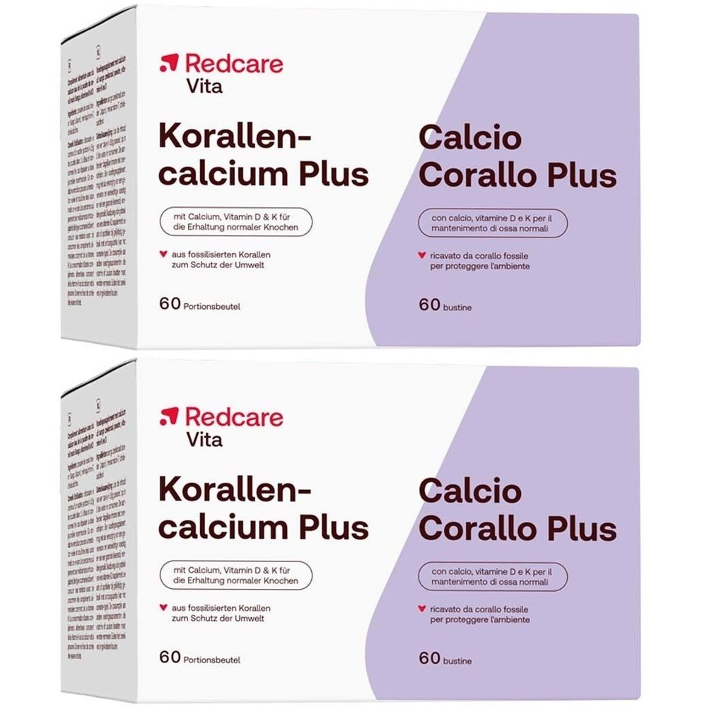 Deux boîtes de Redcare Vita Korallen-calcium Plus. Inscription : Calcium, vitamine D & K pour des os normaux. 60 portions.