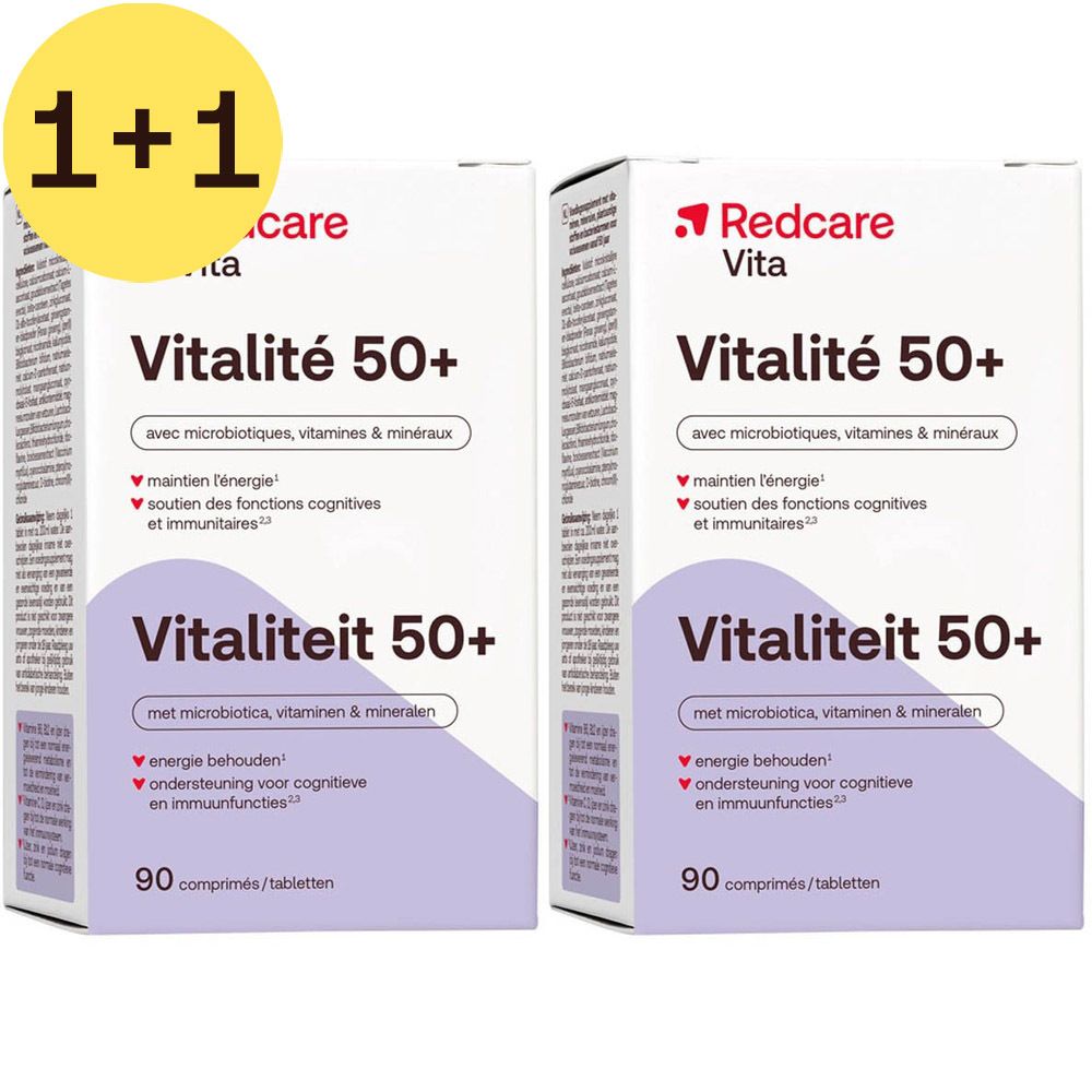Deux boîtes Redcare Vita Vitalité 50+. Emballage blanc avec nom et informations. Contient 90 comprimés.