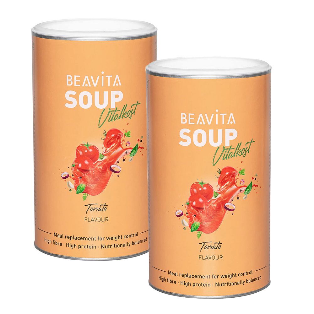 Deux boîtes de soupe BEAVITA Vitalkost Tomate. Illustration de tomates. Texte : Meal replacement for weight control, High fibre - High protein - Nutritionally balanced.