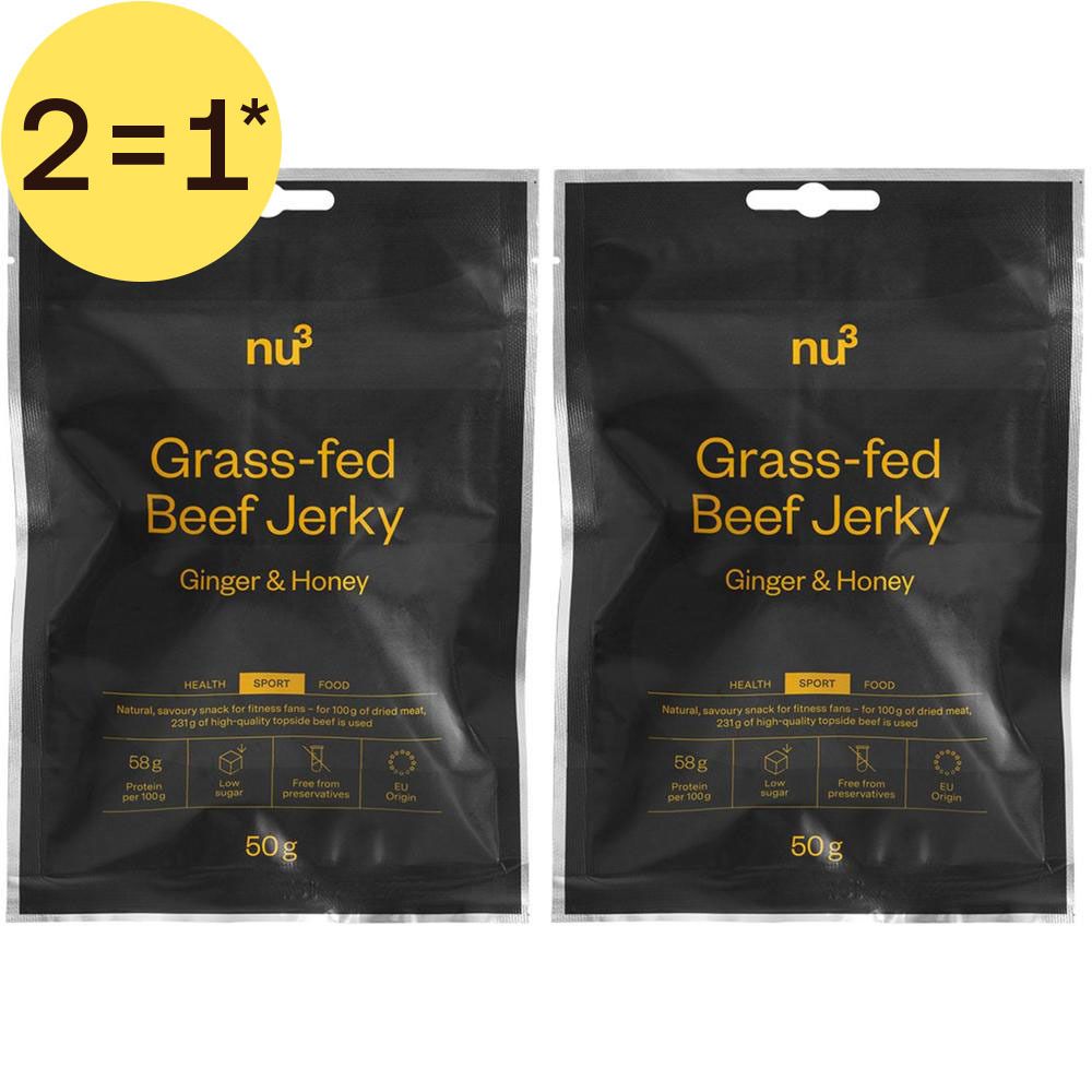 Deux paquets de nu3 Beef Jerky Gingembre-Miel avec autocollant 2=1*.