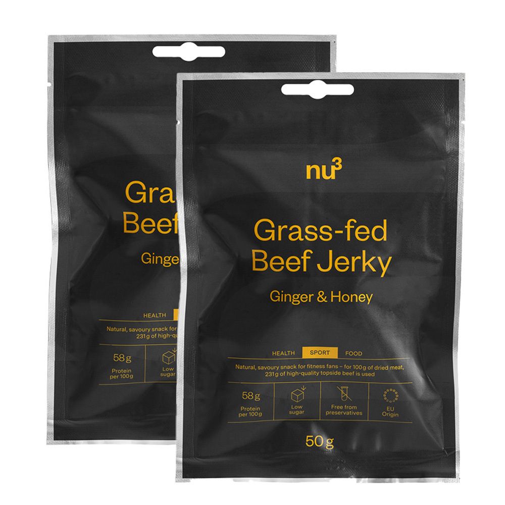 Deux sachets de nu3 Grass-fed Beef Jerky, Gingembre & Miel. Emballage noir avec texte jaune. Paquet de 50g.