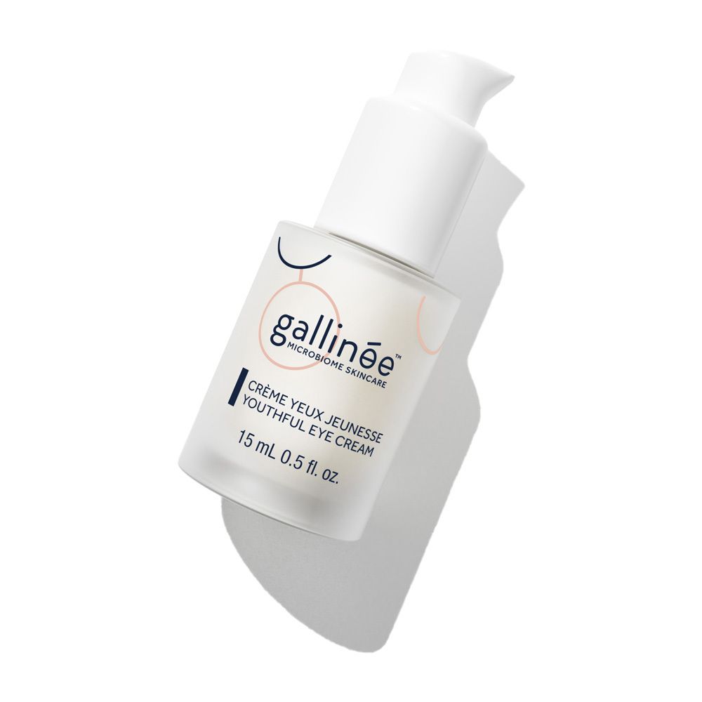 Flacon blanc avec pompe. Inscription: Gallinée, Crème Yeux Jeunesse, 15 ml 0.5 fl. oz.