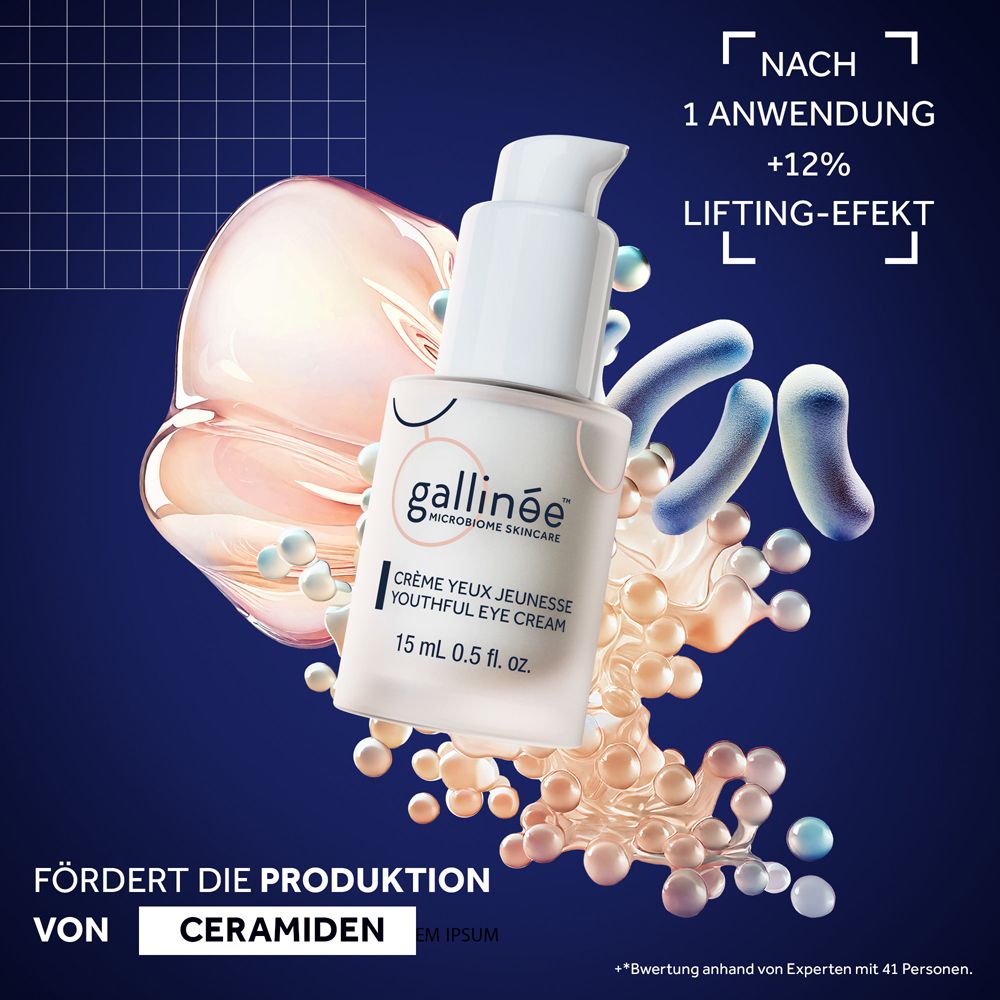 Flacon de crème. Texte: Après 1 application, +12% effet lifting. Favorise la production de céramides.