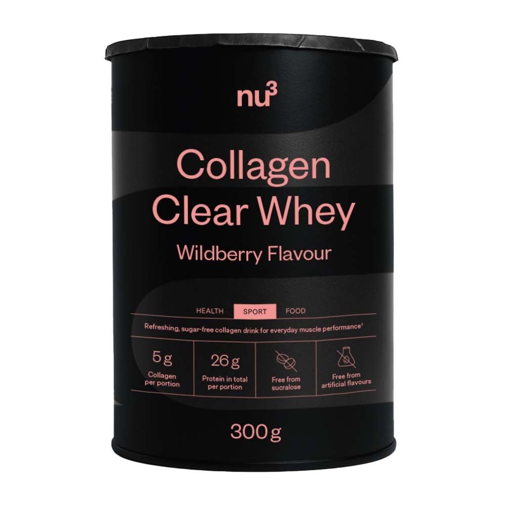Boîte noire nu3 Collagen Clear Whey, saveur Wildberry. Inscriptions roses. 300g. 5g collagène, 26g protéines, sans sucre, sans arômes artificiels.